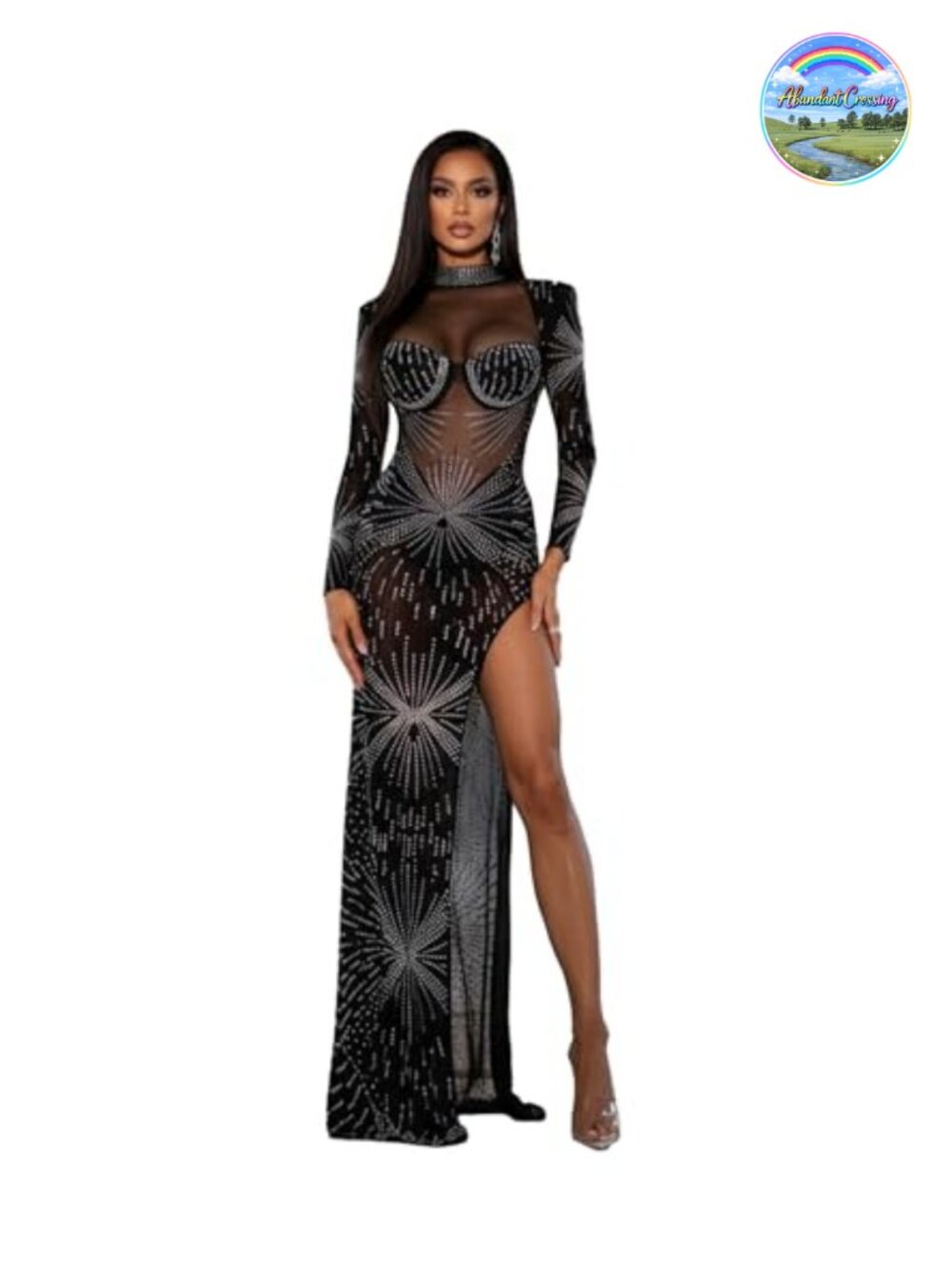 Rhinestone Sequin Bodycon Club Dress Long Sleeve Mock Neck Party